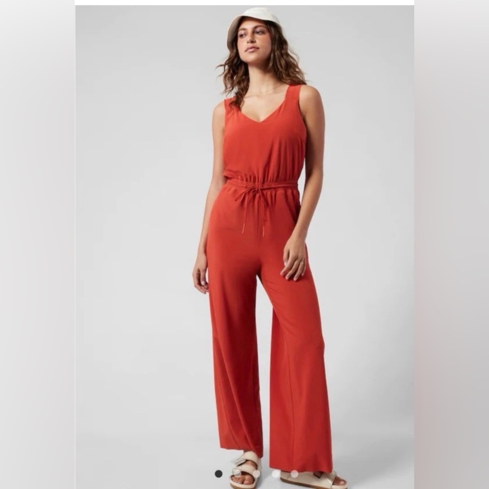 Athleta Red V-Neck Sleeveless Jumpsuit with Waist Tie